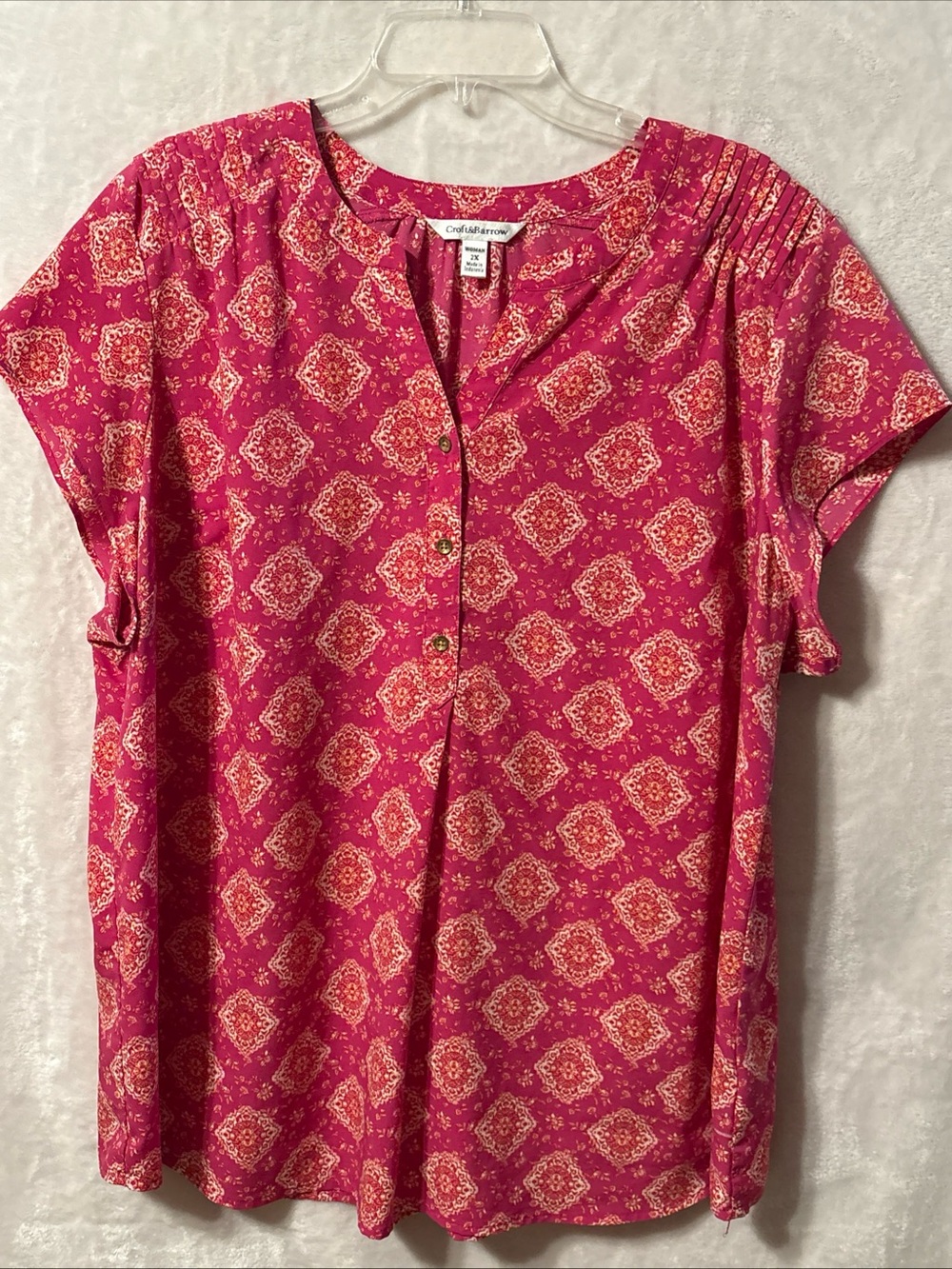 croft & barrow pink patterned short sleeve blouse